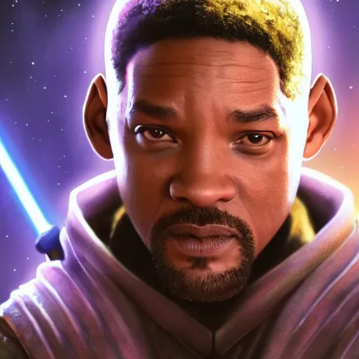 Prompt: will smith as a jedi, starwars, hyper detailed, digital art, trending in artstation, cinematic lighting, studio quality, smooth render, unreal engine 5 rendered, octane rendered