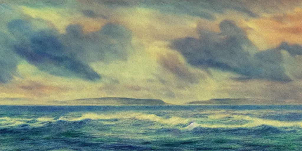 Image similar to a beautiful painting of a icelandic fishing village, storm clouds gathering over the sea, by studio ghibli 8 k pastel colours, smeared watercolours, golden light film grain