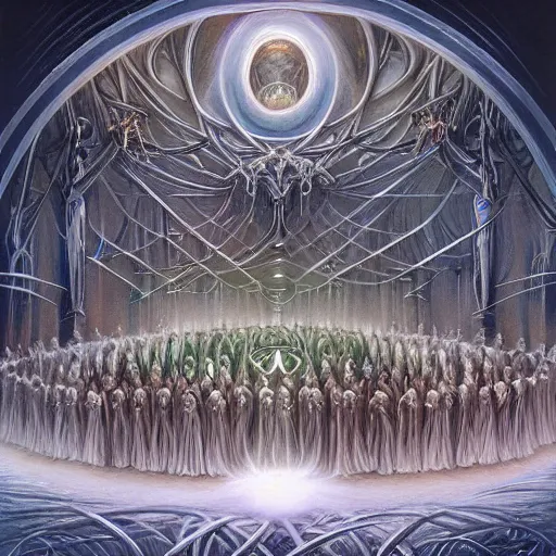 Prompt: a quantum computer, a dark cabal of multiple hooded elven mystics in long robes gathered in a circular formation around a quantum computer, processing the spirits of the dead, dan seagrave, michael whelan art, beautifully detailed