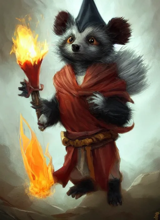 Image similar to cute little anthropomorphic skunk wizard wearing firequartz (cloak), tiny, small, miniature animal, baby animal, short, pale black armor, cute and adorable, pretty, beautiful, DnD character art portrait, matte fantasy painting, DeviantArt Artstation, by Jason Felix by Steve Argyle by Tyler Jacobson by Peter Mohrbacher, cinematic lighting