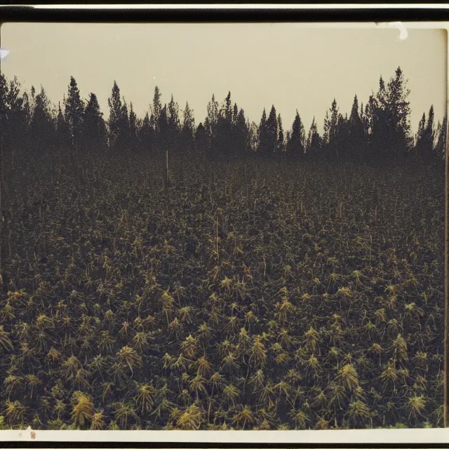 Image similar to field of cannabis burning on fire at night, forest fire, polaroid