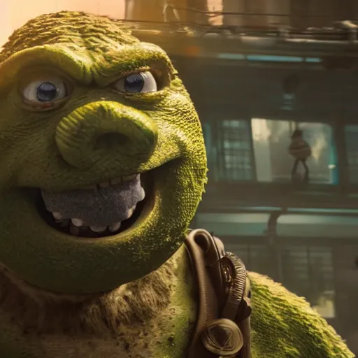 Image similar to mr. bean godzilla super mario pickle rick yoda donkey kong pikachu yeti shrek spongebob homer groot in gears of war, splash art, movie still, detailed face, photorealistic facial features, cinematic lighting, dramatic, octane render, long lens, shallow depth of field, bokeh, anamorphic lens flare, 8 k, hyper detailed, 3 5 mm film grain