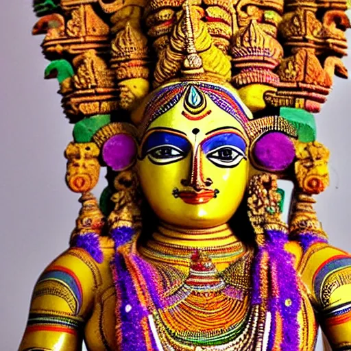 Image similar to a woman wearing an armor and head - dress. the armor and head - dress is made out of the colors, textures and sculptures of the meenakshi temple in madurai. intricate. detailed.