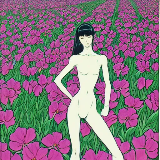 Image similar to a beautiful painting of a sleek humanoid mecha in a field of flowers by hiroshi nagai and hirohiko araki, detailed line art