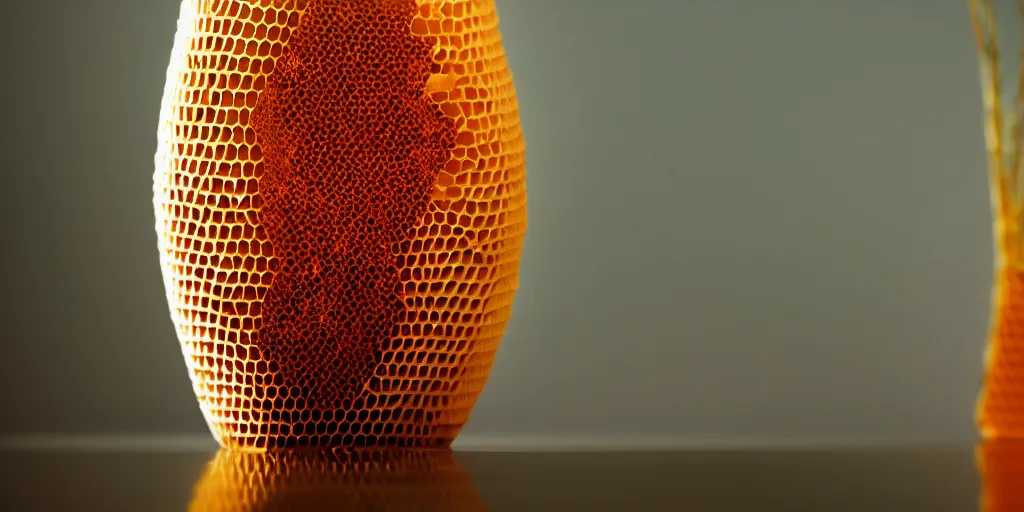 Image similar to real honeycomb vase with honey traditional design by tomas gabzdil libertiny, product design, film still from the movie directed by denis villeneuve with art direction by zdzisław beksinski, telephoto lens, shallow depth of field