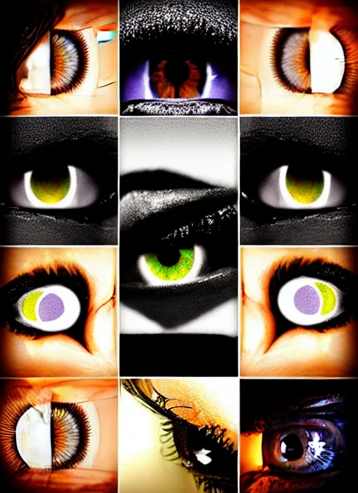 Image similar to grid montage of cube shaped eyes, square shaped black dilated pupils, cube shaped irises, detailed colored textures, eyelashes, advanced art, art styles mix, from wikipedia, wet reflections in square eyes, sunshine light, hd macro photograph, from side, various eyelid positions, square black pupil centered