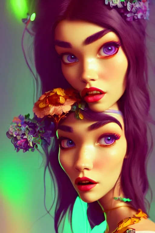 Image similar to pixar woman madison beer rave girl | soft creamy polished decadent vixen floral ornate masterpiece | weta disney movie still portrait photo | sci fi, fantasy, film, 8 k, highly detailed, artstation, realism | beeple, artgerm, mucha, wlop, loish |