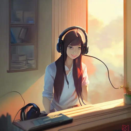 Image similar to beautiful young asian woman with long hair, with gaming headset, cute, playing on a comuter, realistic, detailed, cel shaded, in the style of makoto shinkai and greg rutkowski and james gurney