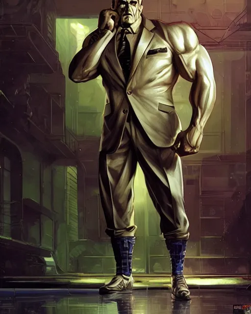 Image similar to luigi bodybuilder in a expensive suit, ernest khalimov body by krista sudmalis, fantasy character portrait, ultra realistic, futuristic background by laurie greasley, concept art, intricate details, highly detailed by greg rutkowski, ilya kuvshinov, gaston bussiere, craig mullins, simon bisley