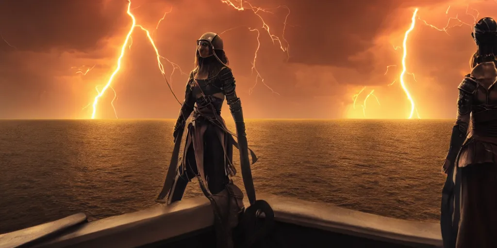 Prompt: epic medieval woman ship pilot standing at the bow of a ship at sea from behind, dramatic dark glowing golden neon sunset with thick wall of lightning storm clouds and violent seas, long hair with shaved side part, dynamic lighting, hyperrealistic, hd 4 k, artstation