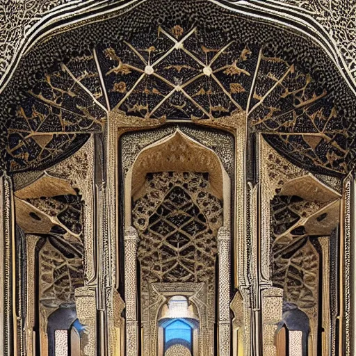 Prompt: a massive iwan with intricate muqarnas made of glowing obsidian and white marble, detailed, incredible, remarkable, volumetric lighting, cinematic lighting — ar 1 6 : 9