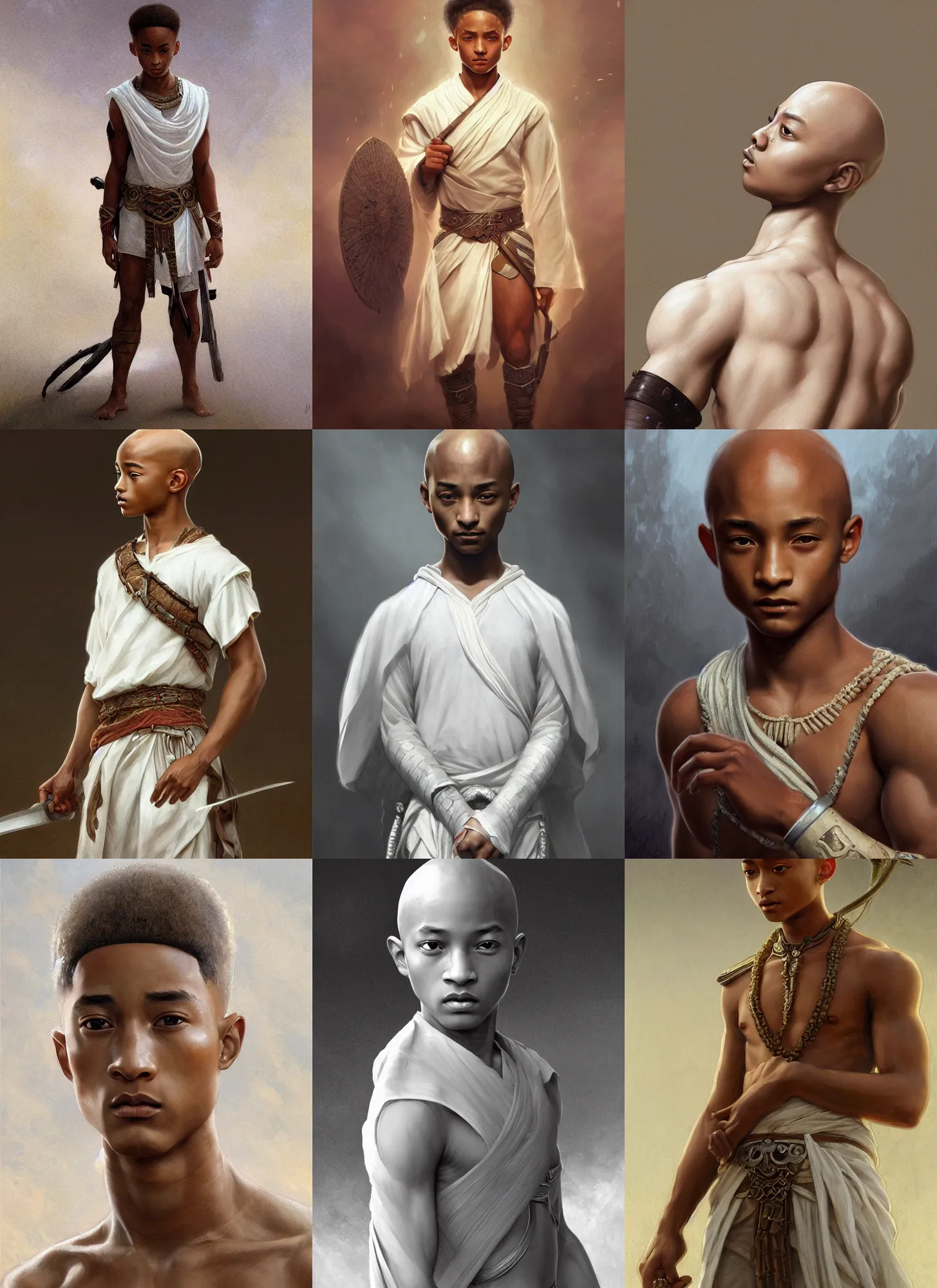 Prompt: young bald jaden smith as ancient libu warrior, white shirt, intricate, elegant, highly detailed, digital painting, artstation, concept art, smooth, sharp focus, illustration, orientalism, bouguereau, rutkowski, mucha