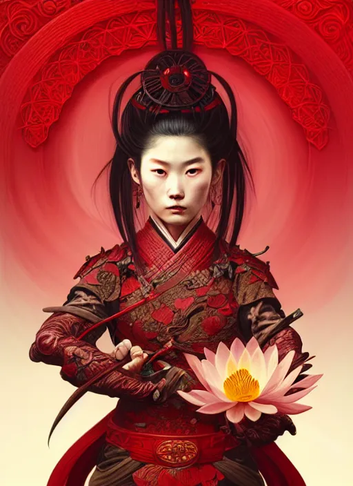 Image similar to ultra realistic illustration, portrait of a wrathful red samurai warrior woman holding a lotus flower, intricate, elegant, highly detailed, lotus flower, digital painting, artstation, concept art, smooth, sharp focus, illustration, art by artgerm and greg rutkowski and alphonse mucha and wlop