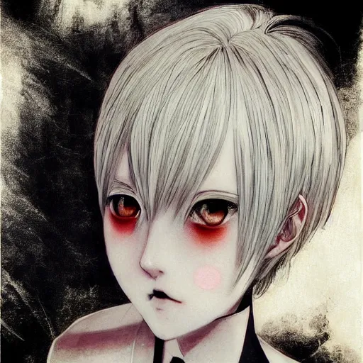 Prompt: Yoshitaka Amano realistic illustration of an anime girl with short white hair and black eyes wearing tuxedo, abstract black and white background, film grain effect, highly detailed, Renaissance oil painting