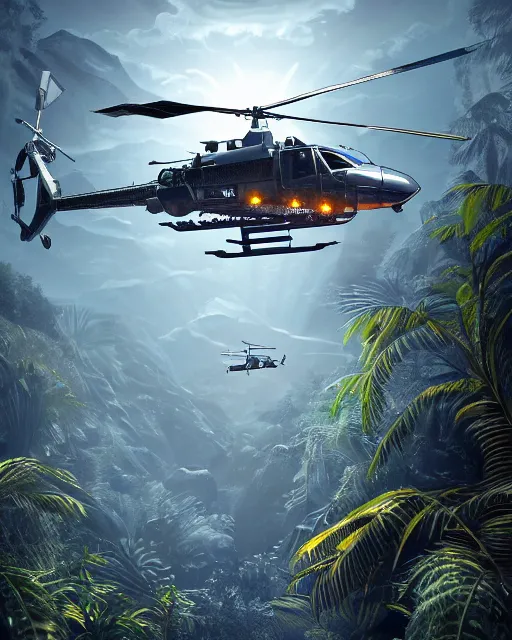 Image similar to helicopter made of diamonds, scifi, alien design, tropical forest, cinematic, detailed, sharp focus, high quality, 4 k, high detail, trending on artstation