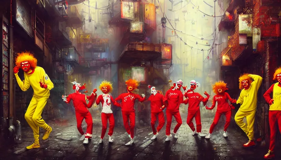 Image similar to highly detailed painting of a group of ronald mcdonalds with red afros, white facepaint, red noses and yellow tracksuits dancing in a cyberpunk alleyway by william turner, by greg rutkowski, by william constable, thick brush strokes and visible paint layers, 4 k resolution, retrowave colour scheme