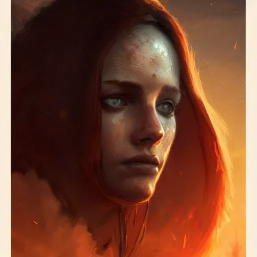 Image similar to a portrait of a very beautiful woman with sad face, post apocalyptic earth in the background as seen by greg rutkowski, dark theme, enchanted, warm colors, high quality, waw, trending on artstation