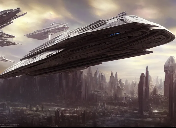Prompt: a single large spaceship seen from the surface of a busy metropolis, star wars digital art, trending on art station