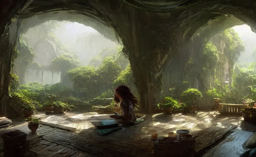 Image similar to painting of an interior of a hidden ring - shaped living quarters overlooking the great room, well maintained, clean, lush plants and flowers, other bedrooms can be seen, natural light, fantasy, natural light, concept art, by greg rutkowski and craig mullins, cozy atmospheric and cinematic lighting, trending on artstation