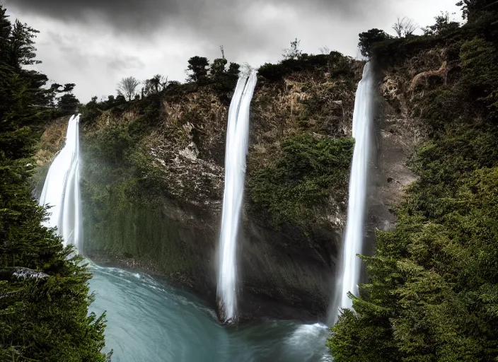 Prompt: a long capture photo of a magical waterfall, high cliff