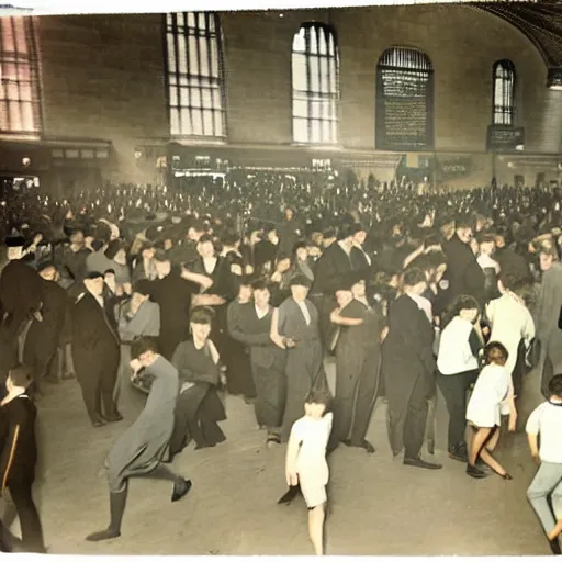 Prompt: colorized photo of water - balloon fight in grand central station 1 9 2 3