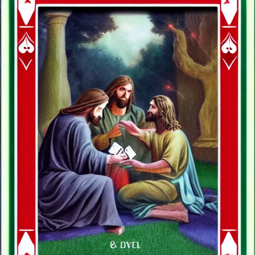 Image similar to Jesus and the Devil playing cards in a garden, photorealistic, award winning, 8k, trending on major art outlets,