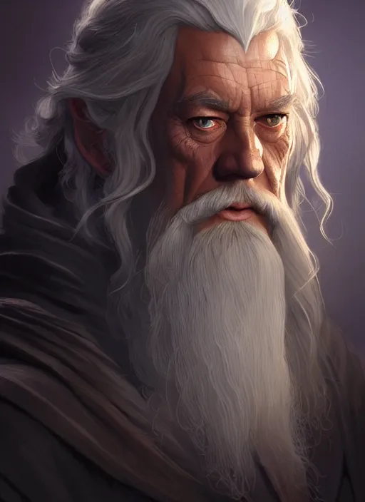 Image similar to gandalf, d & d, fantasy, intricate, elegant, highly detailed, digital painting, artstation, concept art, matte, sharp focus, illustration, hearthstone, art by artgerm and greg rutkowski and alphonse mucha