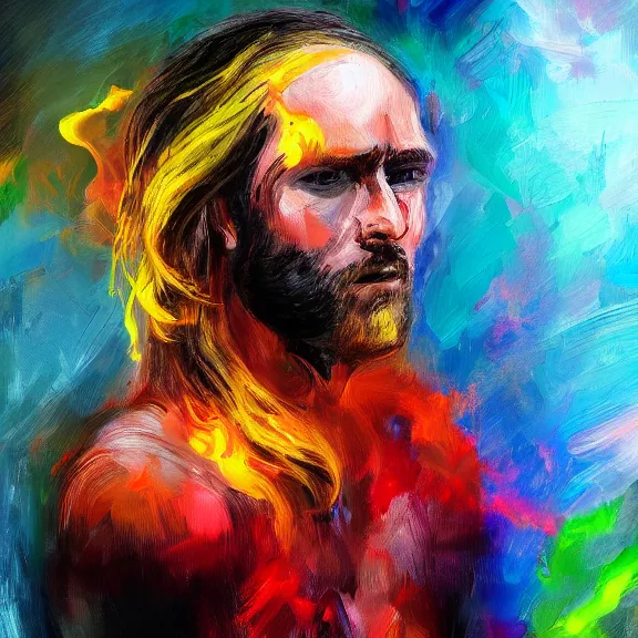 Prompt: abstract painting of man on fire. Handsome. Long hair. portrait. ArtStation. Impressionist. Painful.