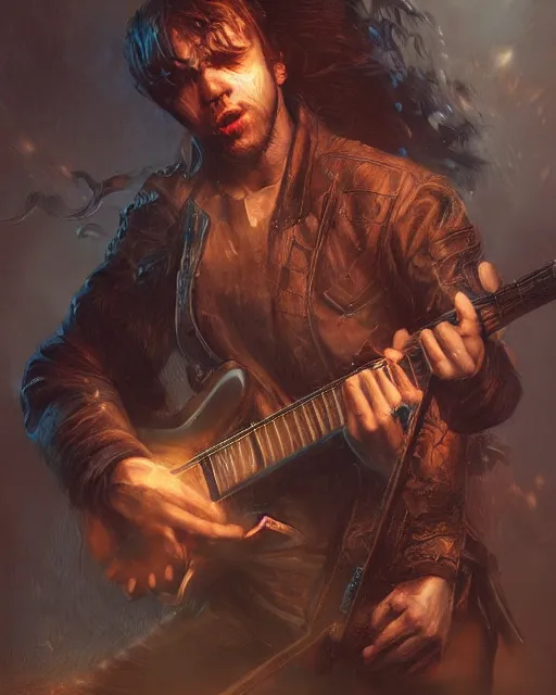 Image similar to chris tt playing guitar, hyper realistic face, fantasy art, in the style of greg rutkowski, intricate, hyper detailed