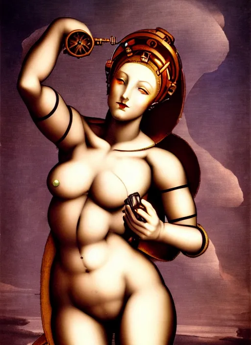 Prompt: image of beautyful female android steampunk by michelangelo,