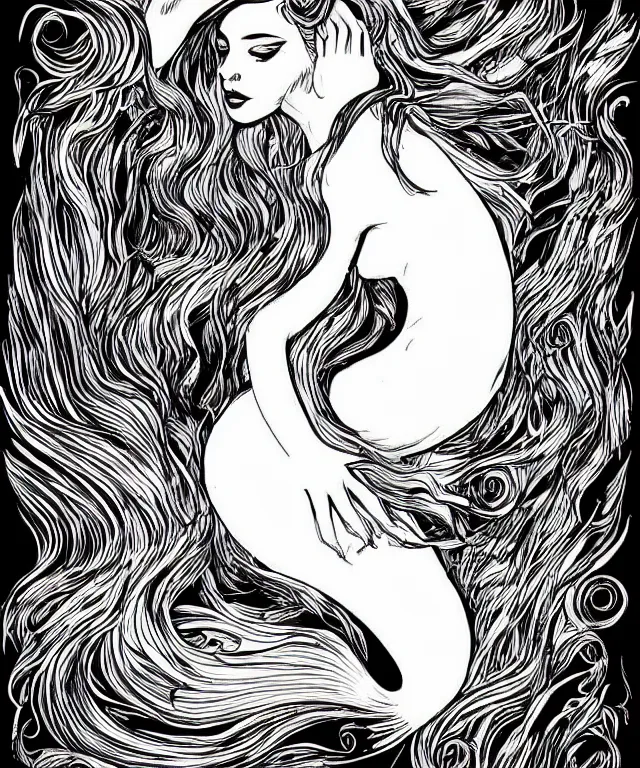 Prompt: black and white illustration, beautiful mermaid
