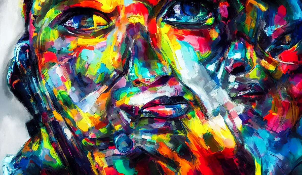 Image similar to colourful cinematic bust portrait of an artist robot painting an artwork on a canvas with a brush, paint and color, robotic enhancements, desaturated, oil on canvas, masterpiece, trending on artstation, featured on pixiv, cinematic composition, dramatic pose, beautiful lighting, sharp, details, hyper-detailed, HD, HDR, 4K, 8K