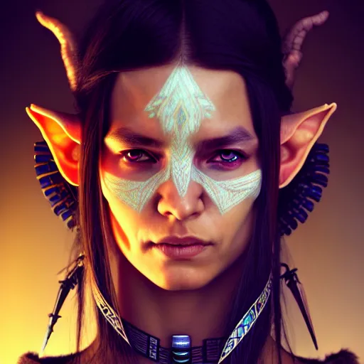 Image similar to portrait painting of a cyberpunk native american elf elven street samurai, ultra realistic, concept art, intricate details, eerie, highly detailed, photorealistic, octane render, 8 k, unreal engine. art by artgerm and greg rutkowski and charlie bowater and magali villeneuve and alphonse mucha