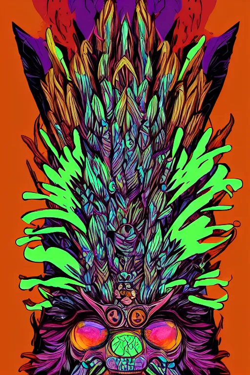 Image similar to animal mask totem roots flower tribal feather gemstone plant wood rock shaman vodoo video game vector cutout illustration vivid multicolor borderlands comics by josan gonzales and dan mumford radiating a glowing aura