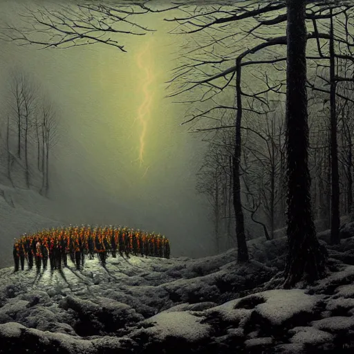 Image similar to a beautiful painting of group of climbers, extreme cold, storm, octane rendering, grim, dark, gloomy, cruel, volumetric lightning, hyperrealism, no blur, 4 k resolution, ultra detailed, style of john atkinson grimshaw, ivan shishkin, tyler edlin, scott listfield, eric zener