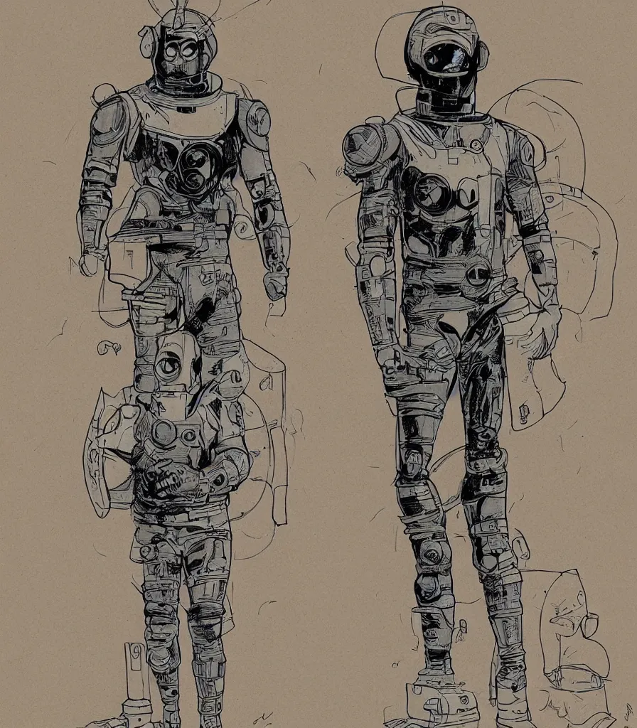 Image similar to male, heroic figure, space suit with a modern helmet, character sheet, science fiction, sketch, very stylized, digital art, illustration on kraft paper, shaded pen and ink, digital painting, by mike mignola, by alex maleev