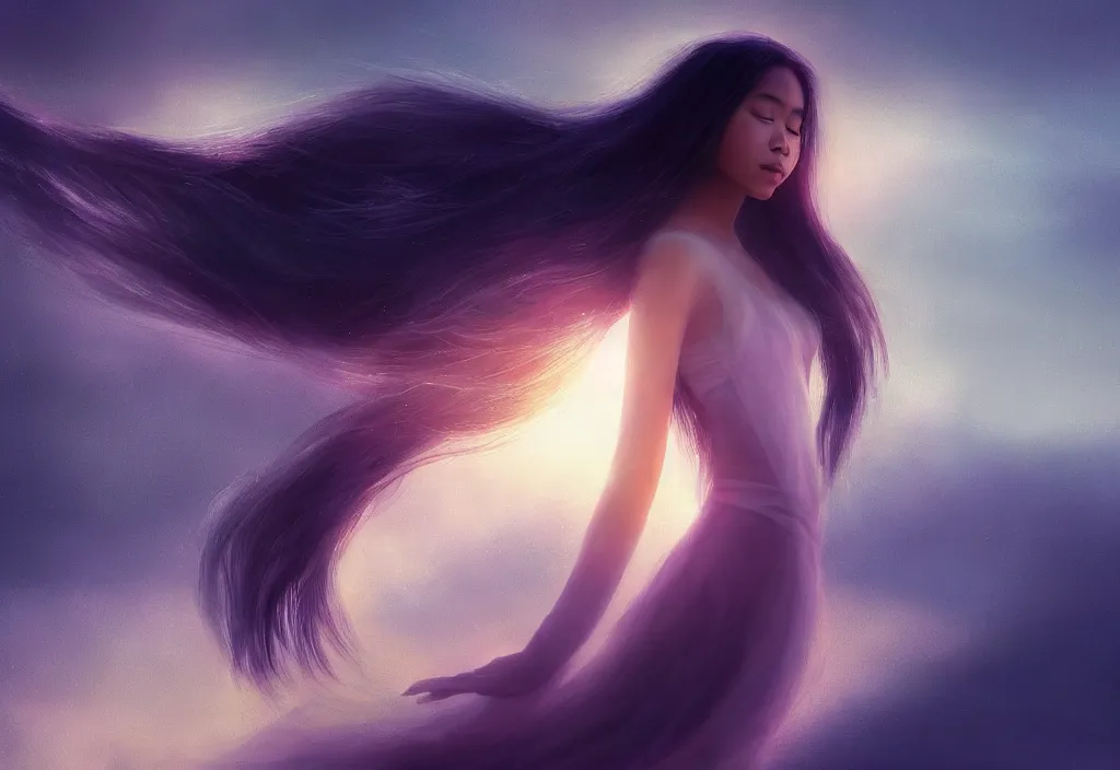 Image similar to a thin, pretty young Filipino woman with long hair floats dramatically in the air in a dreamy world in the distance, her face is in shadow, eyes closed, very beautiful, inspiring, hopeful, dramatic lighting, abstract digital art, trending on artstation