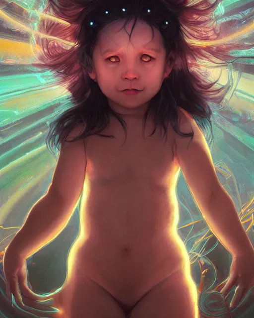 Prompt: one signular portrait of a cute bioluminescent baby creature with big glowing eyes, highly detailed, digital painting, cinematic, hyper realism, dark retrowave, art by Stanley Lau and Artgerm and magali villeneuve and Alphonse Mucha, artstation, octane render, cgsociety