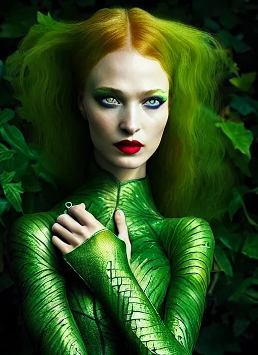 Image similar to “ a beautiful portrait of daria strokous as poison ivy kissing batman, highly detailed, in the style of cinematic, makeup by patmcgrath, greg rutkowski ”