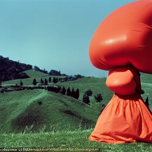 Prompt: woman with an inflatable nose, long snout, long inflatable arms, in the hillside, 1974 fellini, archival footage, technicolor film