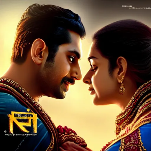 Prompt: perfectly centered bollywood movie promotional poster of anatomically correct hero and heroine side profile faces symmetrical ; real life portrait, ultra realistic, high coherence, intricate, hdr, highly detailed, photorealistic, octane render, 8 k, unreal engine ; romantic theme, two lovers sharing one heart ; art by artgerm, greg rutkowski, charlie bowater