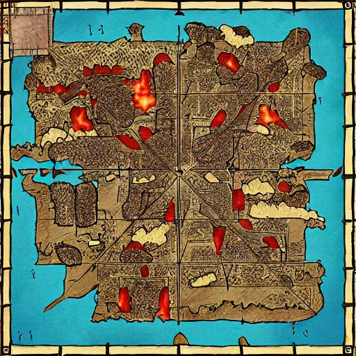 Prompt: D&D map of a village on fire, top down, square grid