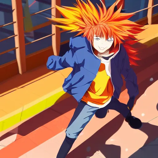 Prompt: orange - haired anime boy, 1 7 - year - old anime boy with wild spiky hair, wearing red jacket, running through red yellow blue building, strong lighting, strong shadows, vivid hues, ultra - realistic, sharp details, subsurface scattering, intricate details, hd anime, 2 0 1 9 anime