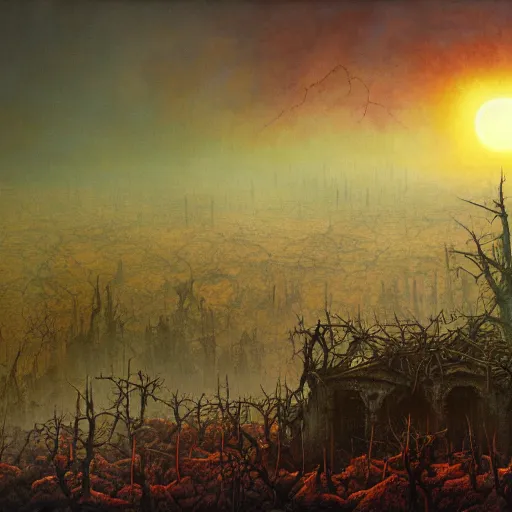 Prompt: an incredibly beautiful but ominous matte painting depicting horrifying huge burning eyes and jagged bloody teeth and thorns, overgrowing a desolate ruins submerged in fog beneath the setting sun by lisa frank and beksinski and wayne barlowe, exquisite detail, post processing, masterpiece, cinematic, sharp focus, deep colors