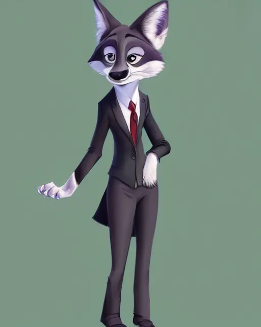 Prompt: digital painting full body of anthromorphic furry female wolf, in style of zootopia, female fursona, furry, furaffinity, 4 k, deviantart, furry art, fursona art, wearing black business suit, wearing black business suit, wolf fursona, female, very expressive detailed feminine face,