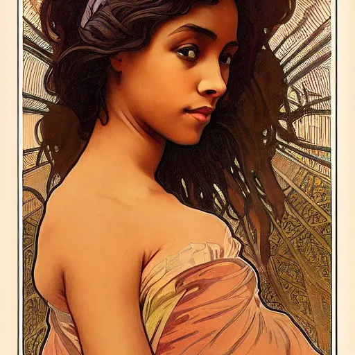 Image similar to upper body portrait, brown skinned woman, artgerm, alphonse mucha