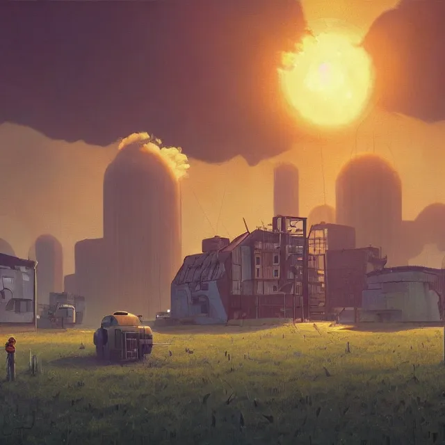 Prompt: An atompunk buildings with the sun shining through the clouds,,in utopia by Simon Stålenhag and Greg Rutkowski,In style of Grant Wood.hyper detailed,8K Resolution,highly realistic.trending on Artstation.oil on canvas