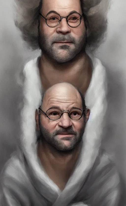 Image similar to george costanza with wild hair and bright eyes. he's wearing a flowing bathrobe made of light, airy fabric and he has a mischievous look on his face, dynamic lighting, photorealistic fantasy concept art, trending on art station, stunning visuals, creative, cinematic, ultra detailed