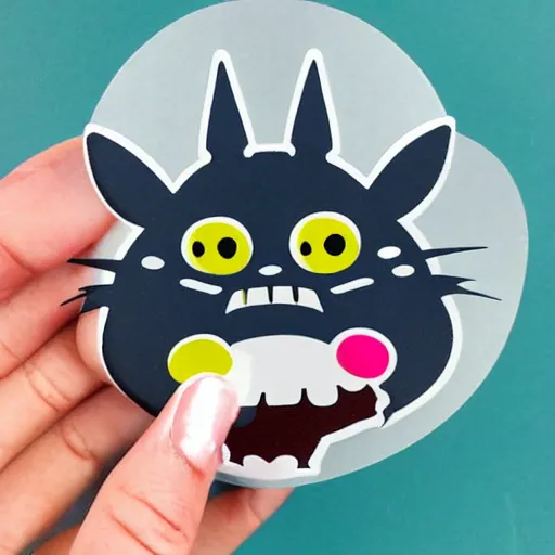 Image similar to die cut sticker, totoro with princess mononoke mask, splatter paint