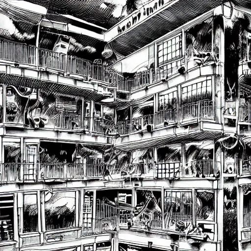 Image similar to 200 Hotels Manga panel award winning black and white art by Frank Zappa and Kim Jung Gi pen highly detailed pen and ink matte painting